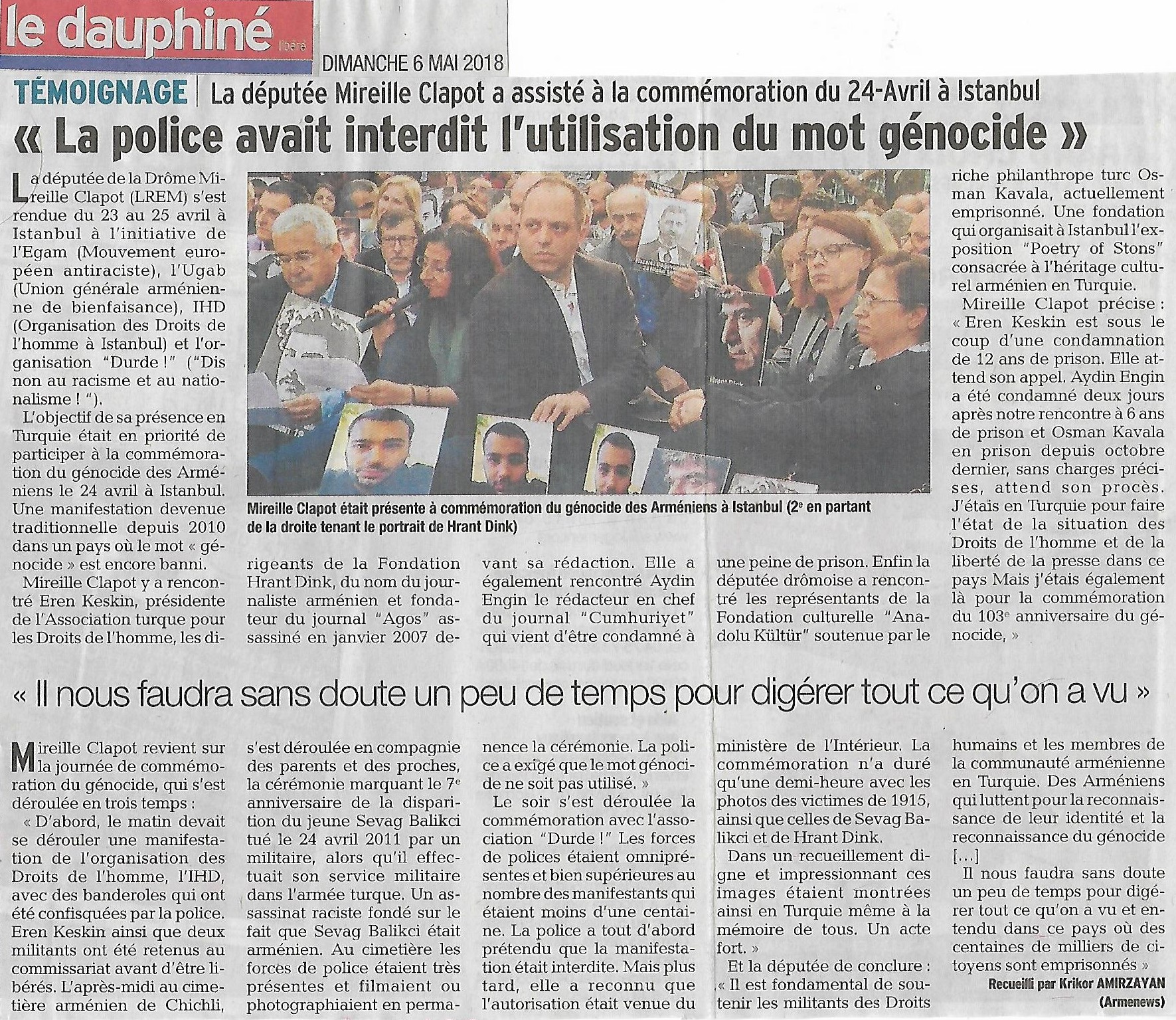 Le Dauphiné Libéré (édition de Valence) interview de Mireille Clapot de retour d'Istanbul où elle a participé aux commémorations du génocide