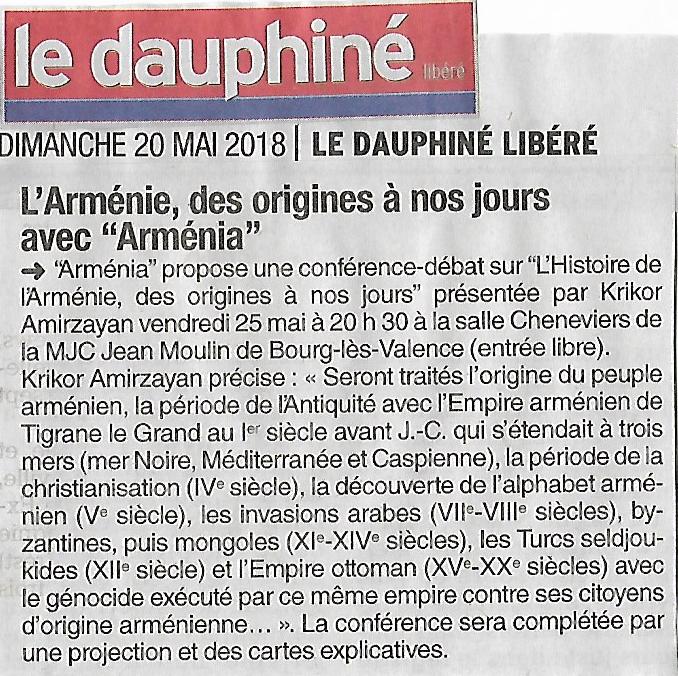 Le Dauphiné Libéré (édition de Valence) : l'Arménie des origines à nos jours avec « Arménia »